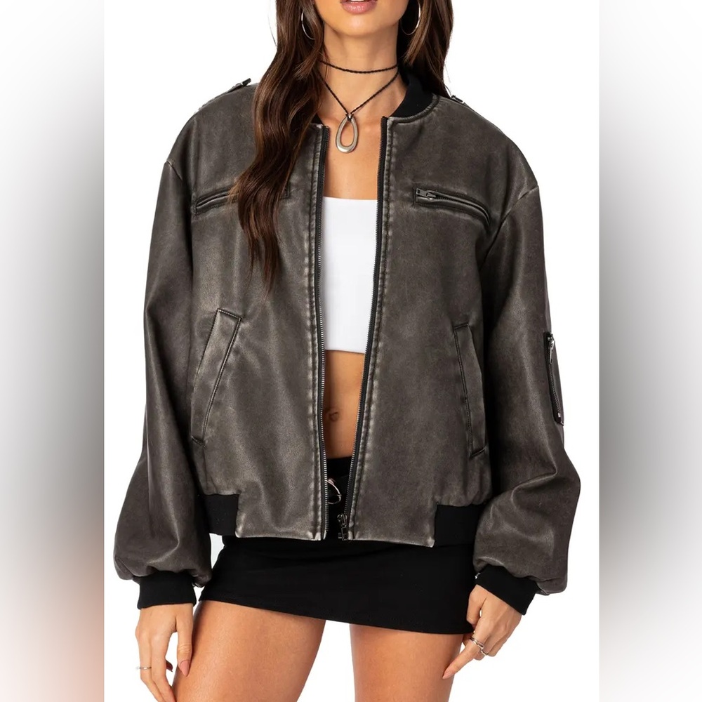 EDIKTED Vava Washed Faux Leather Bomber Jacket